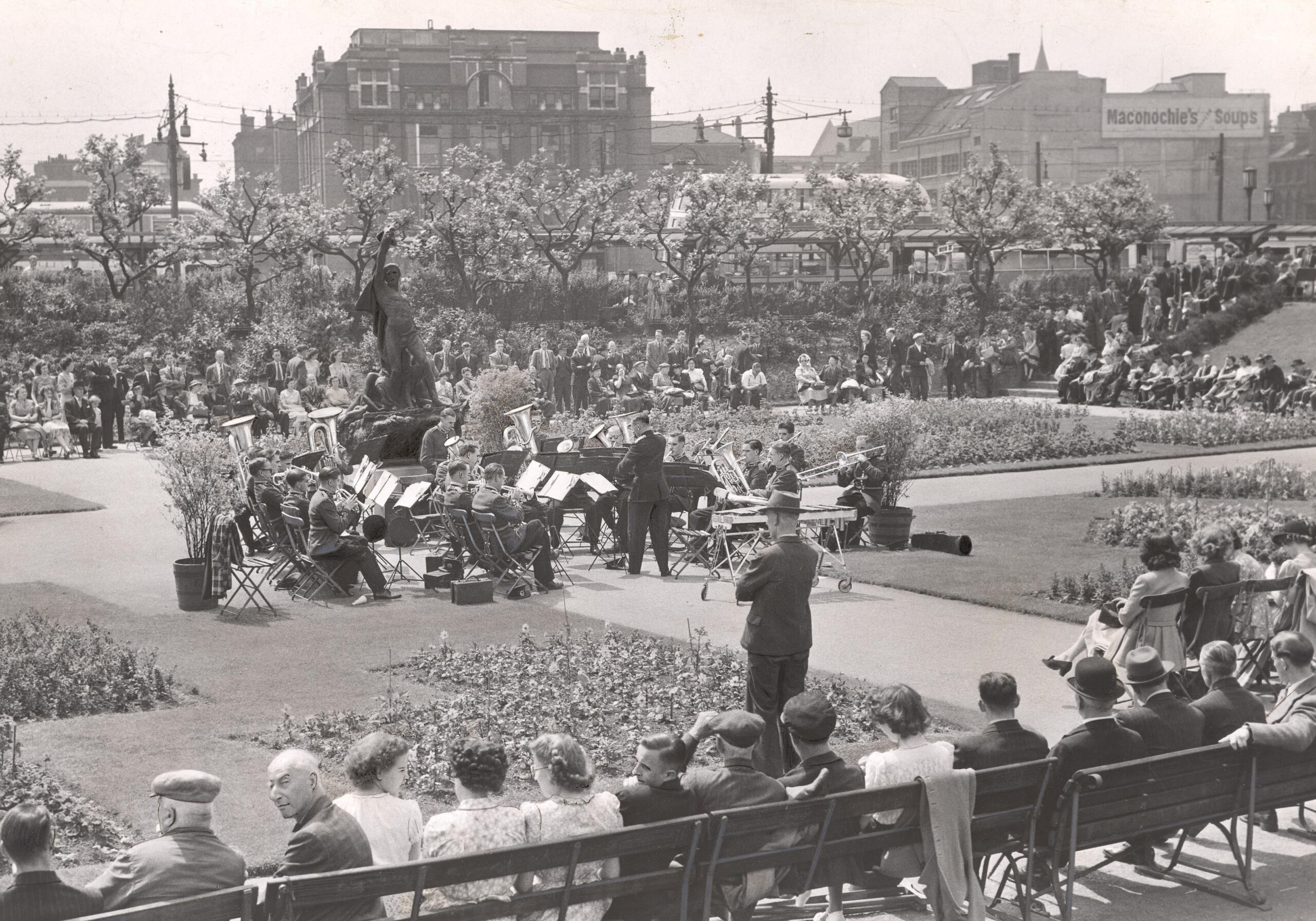 The CWS Manchester Band in Picadilly Gardens, Manchester, 1949