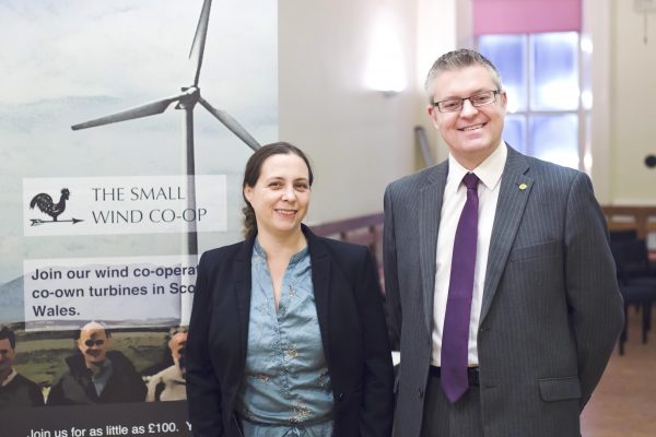 Small Wind Co-op project manager Leila Sharland with Stuart McMillan MSP